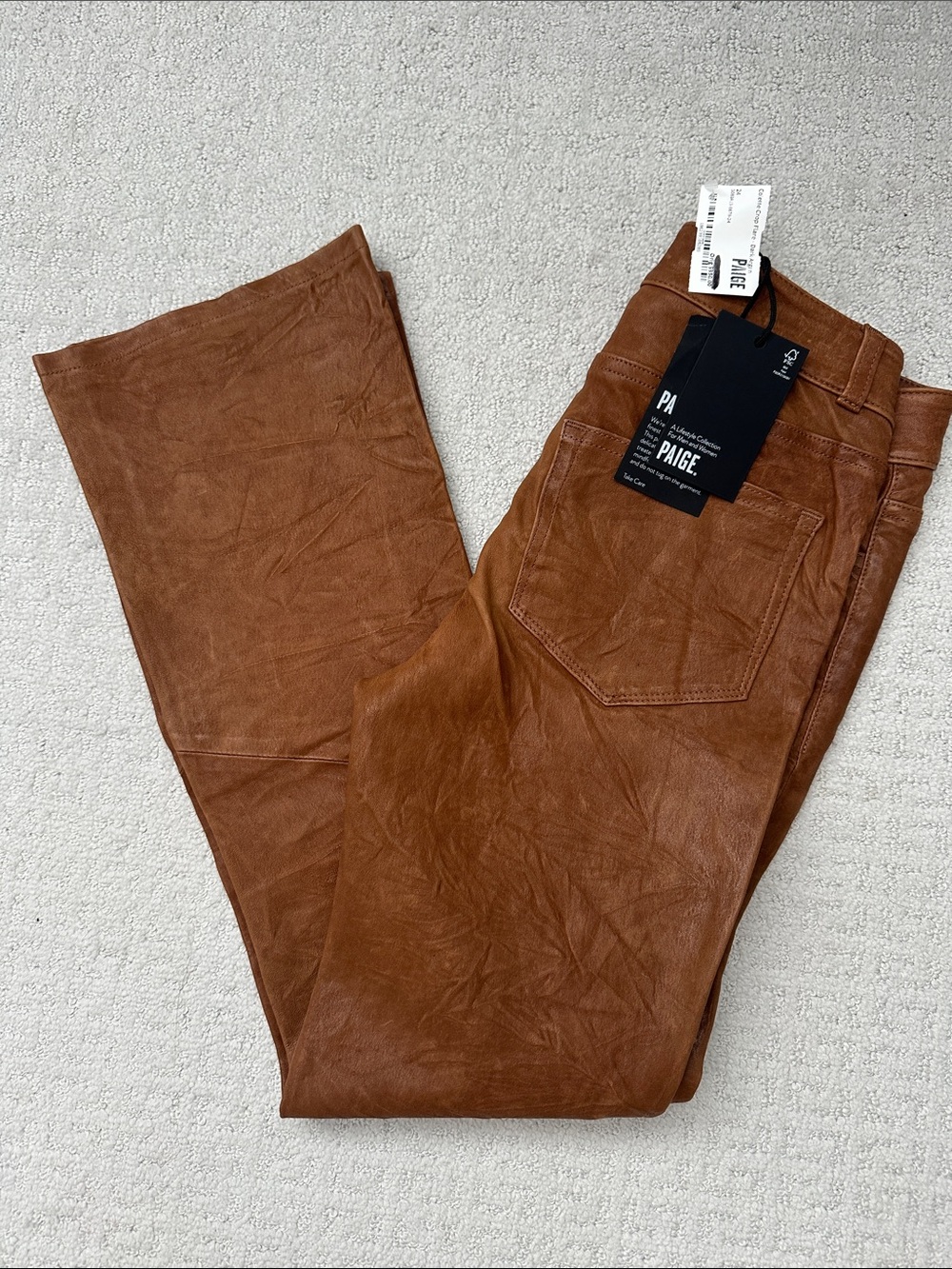 PAIGE Women's Cognac Brown Leather Bootcut Jeans
